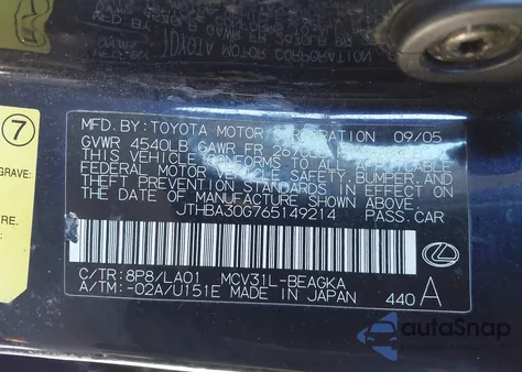 2006 Lexus Es 330 z USA, uszkodzony, nr VIN JTHBA30G765149214